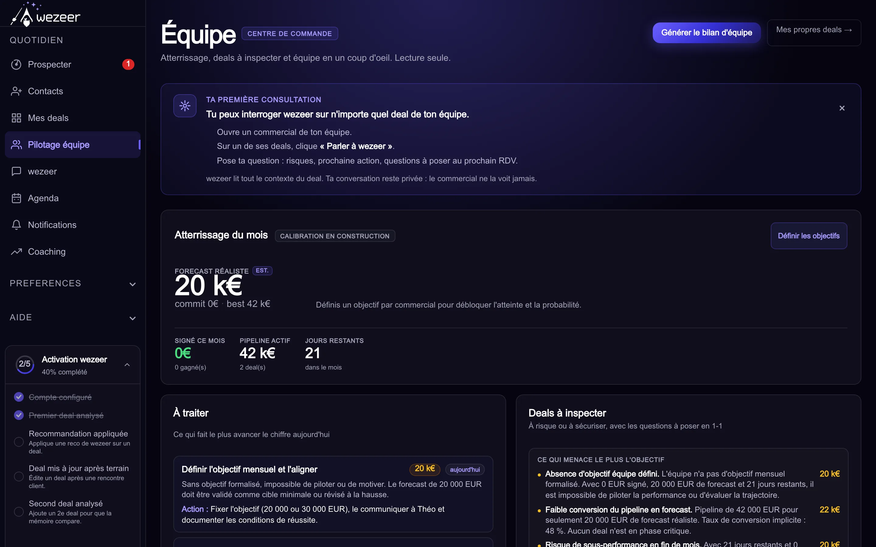 Board Équipe : forecast du mois, file à traiter, deals à inspecter et statut par commercial