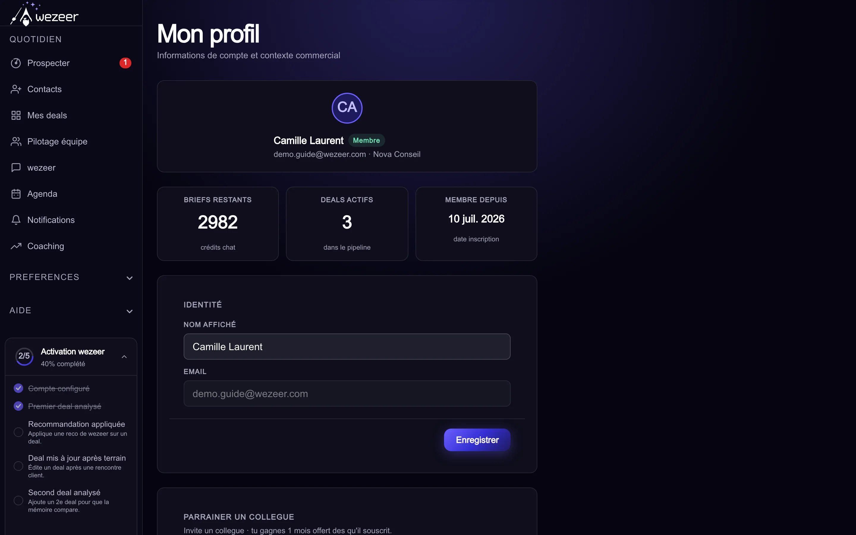 Page Réglages → Profil de wezeer, avec le nom affiché, les statistiques de compte, le coaching wezeer et les boutons d'export et de suppression des données.