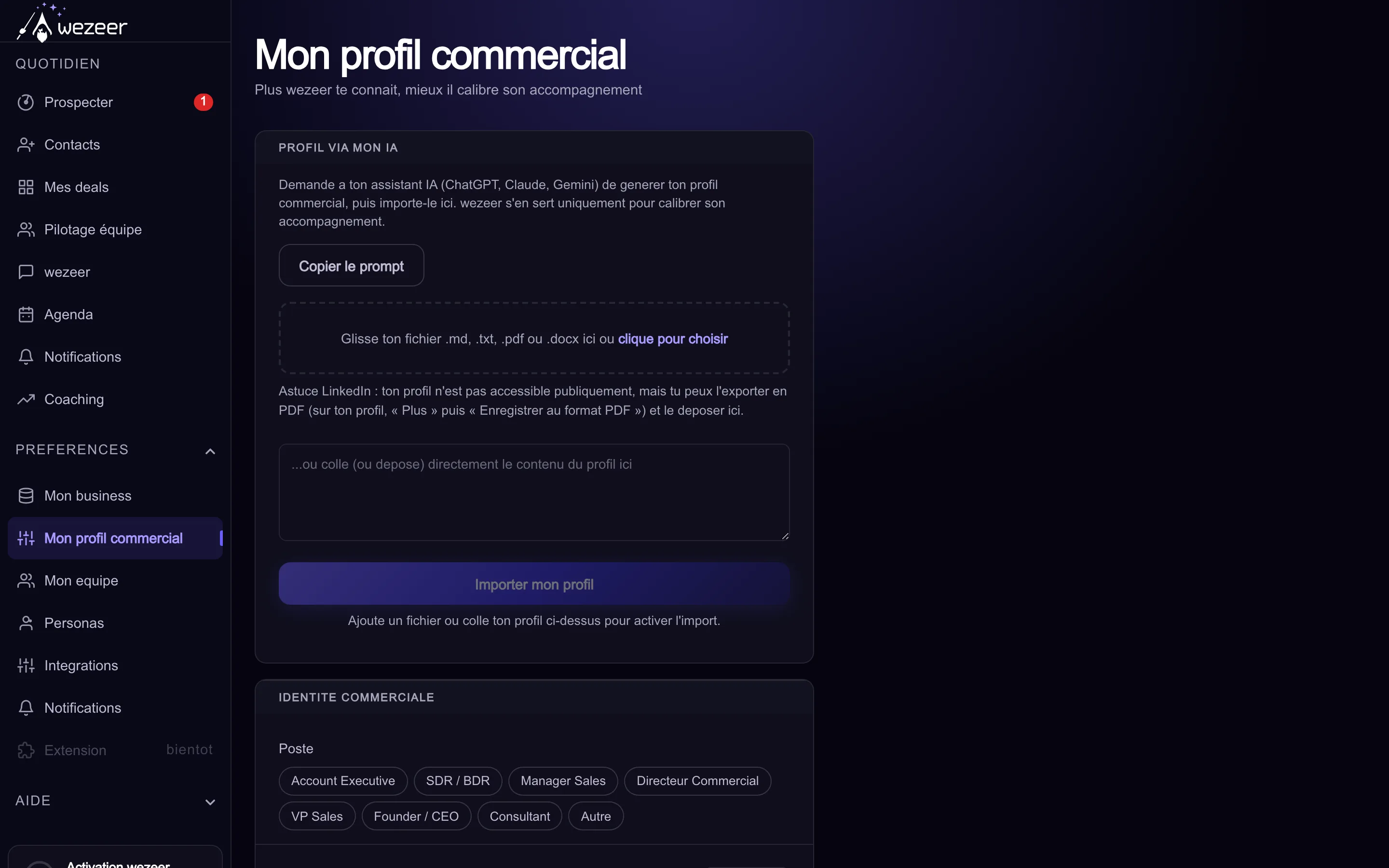Page Réglages → Mon profil commercial de wezeer, avec les champs cycle moyen, ticket moyen, maturité marché, marché cible et l'ADN commercial généré par IA.