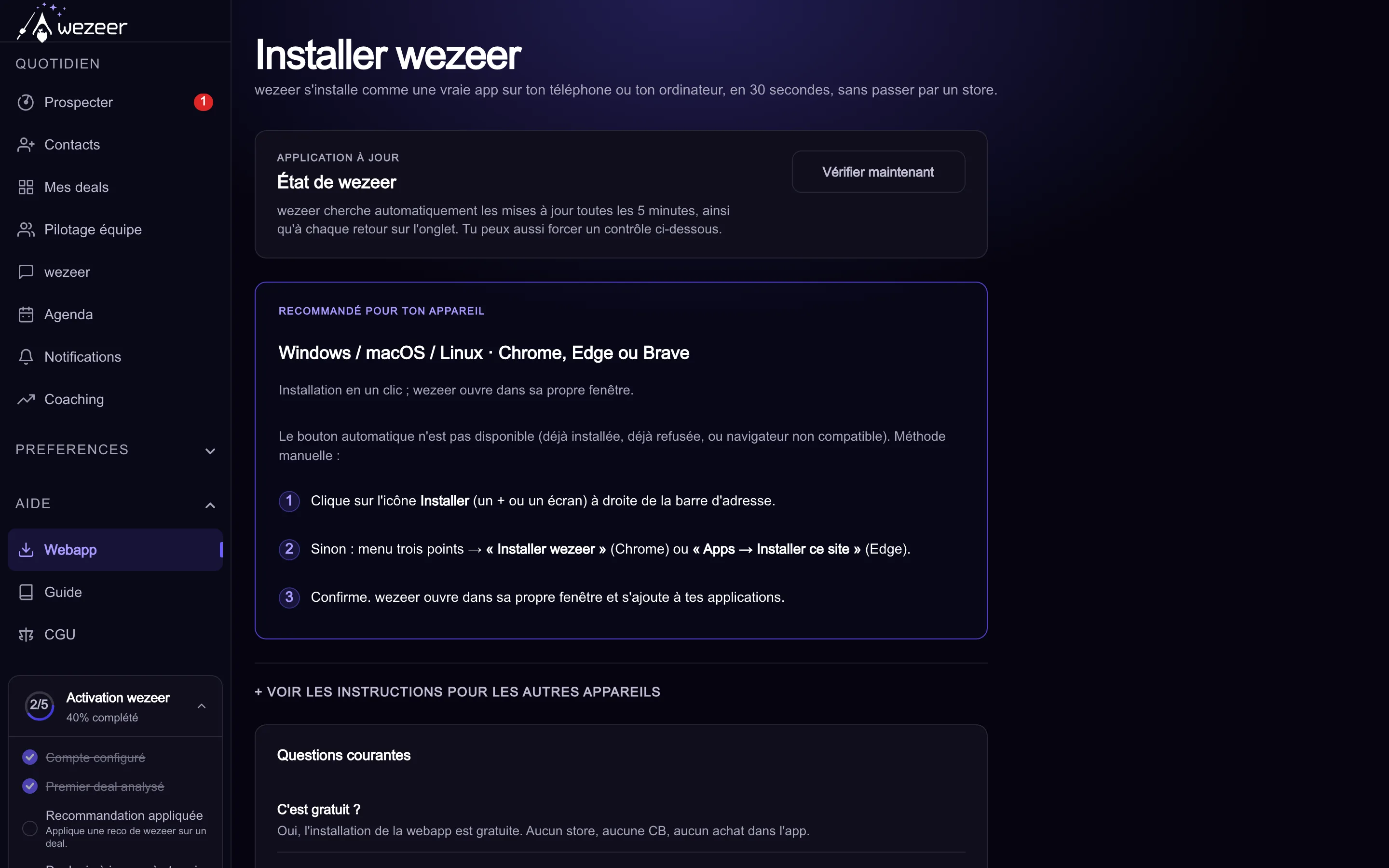 Page d'installation de wezeer en tant qu'application, avec le bouton d'installation et l'état de mise à jour.
